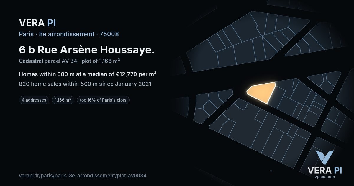 6 b Rue Arsène Houssaye, 8e arrondissement at night – the plot lit, the parcels around coloured by the prices near them