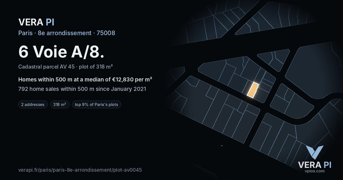 6 Voie A/8, 8e arrondissement at night – the plot lit, the parcels around coloured by the prices near them