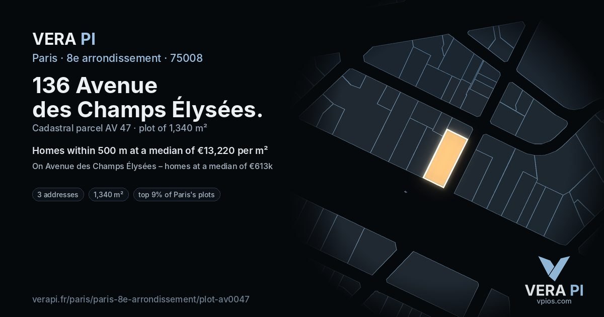 136 Avenue des Champs Élysées, 8e arrondissement at night – the plot lit, the parcels around coloured by the prices near them