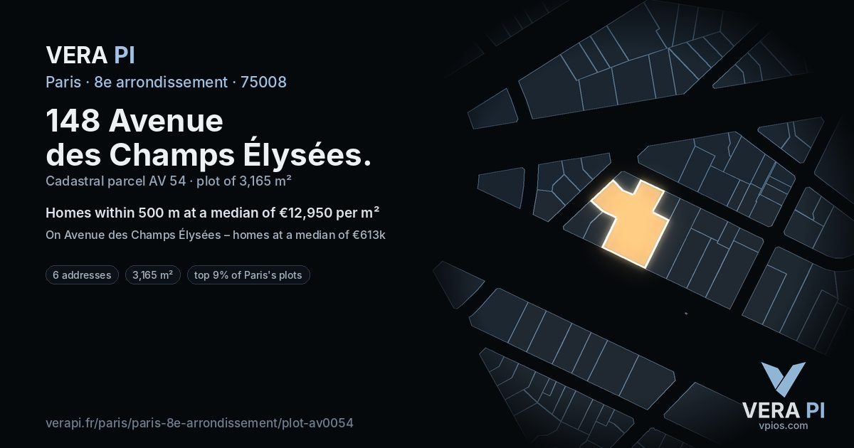 148 Avenue des Champs Élysées, 8e arrondissement at night – the plot lit, the parcels around coloured by the prices near them