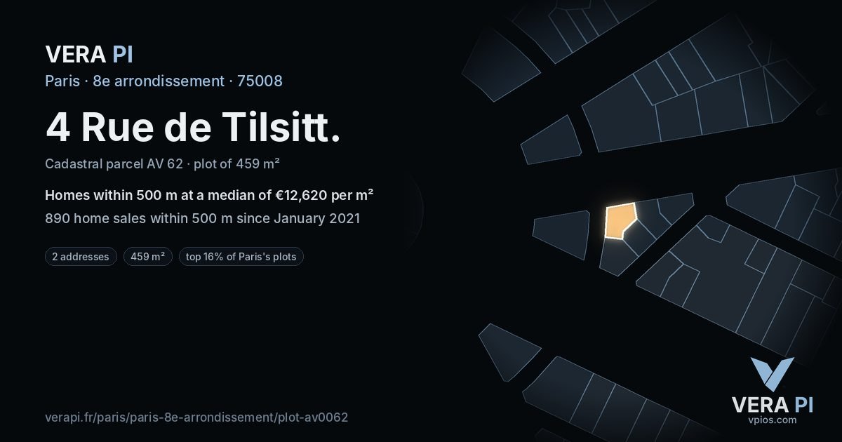4 Rue de Tilsitt, 8e arrondissement at night – the plot lit, the parcels around coloured by the prices near them