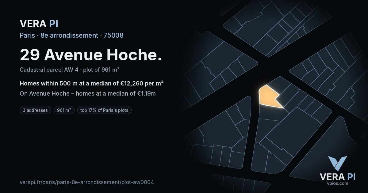 29 Avenue Hoche, 8e arrondissement at night – the plot lit, the parcels around coloured by the prices near them