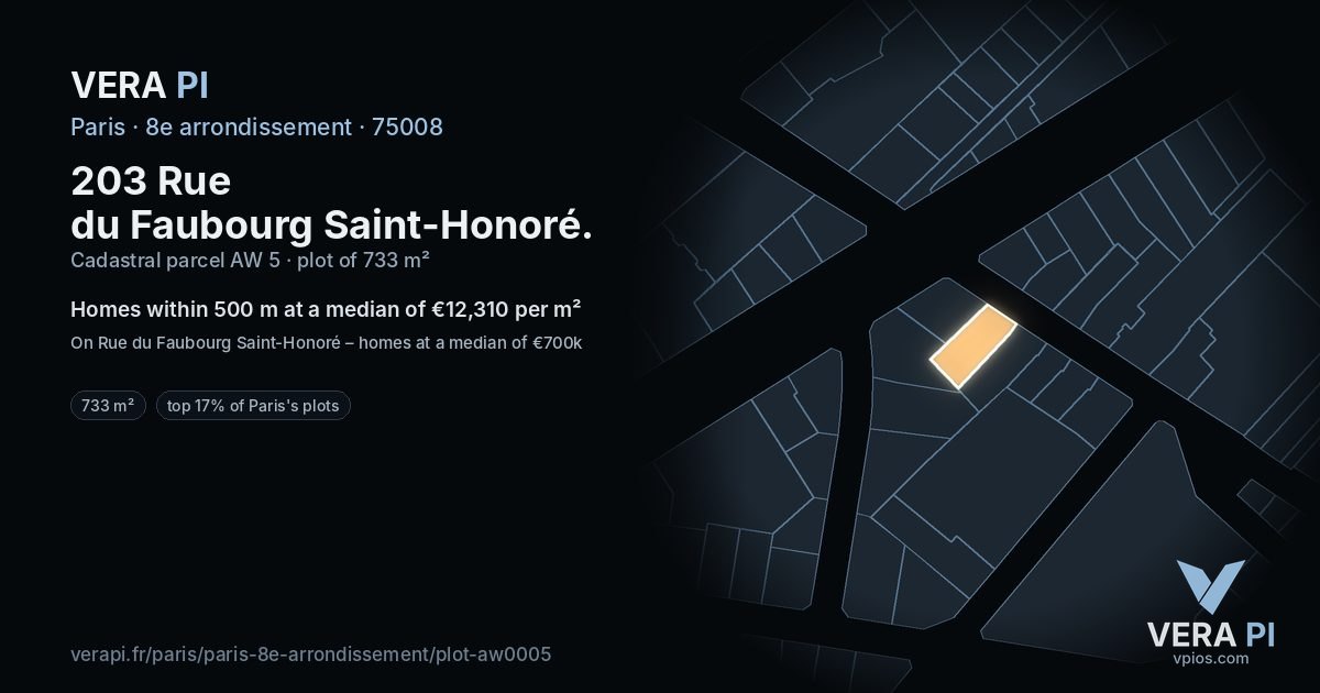 203 Rue du Faubourg Saint-Honoré, 8e arrondissement at night – the plot lit, the parcels around coloured by the prices near them