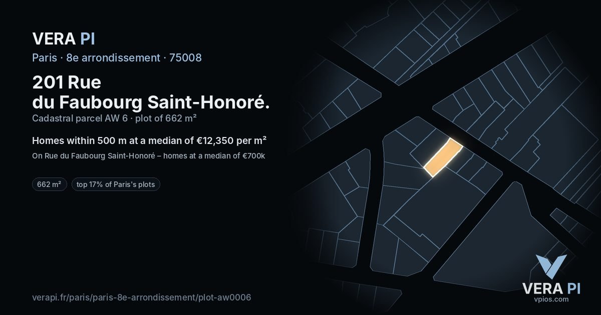 201 Rue du Faubourg Saint-Honoré, 8e arrondissement at night – the plot lit, the parcels around coloured by the prices near them