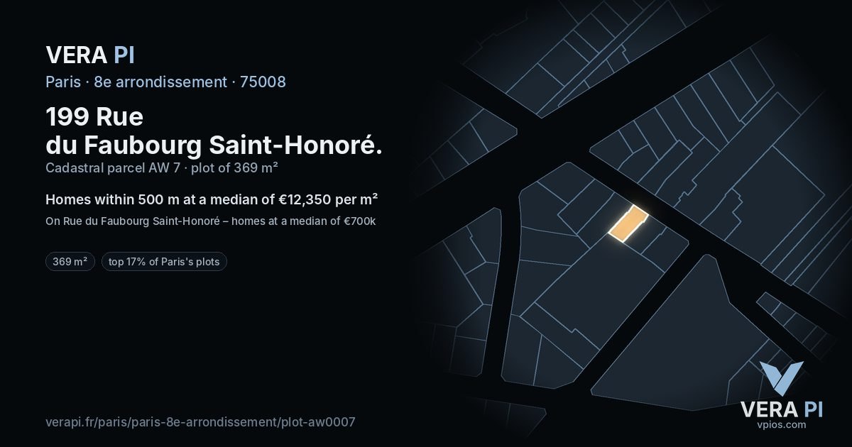 199 Rue du Faubourg Saint-Honoré, 8e arrondissement at night – the plot lit, the parcels around coloured by the prices near them