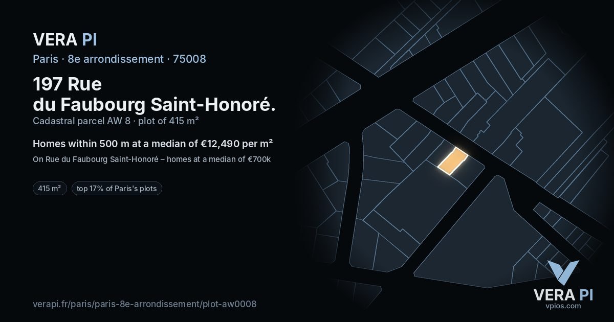 197 Rue du Faubourg Saint-Honoré, 8e arrondissement at night – the plot lit, the parcels around coloured by the prices near them