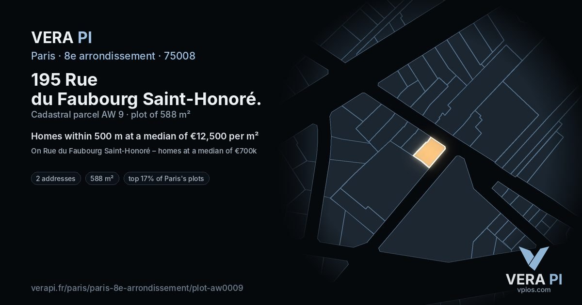 195 Rue du Faubourg Saint-Honoré, 8e arrondissement at night – the plot lit, the parcels around coloured by the prices near them