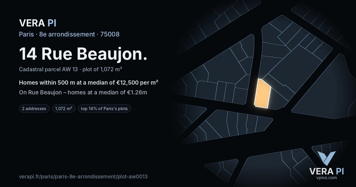 14 Rue Beaujon, 8e arrondissement at night – the plot lit, the parcels around coloured by the prices near them