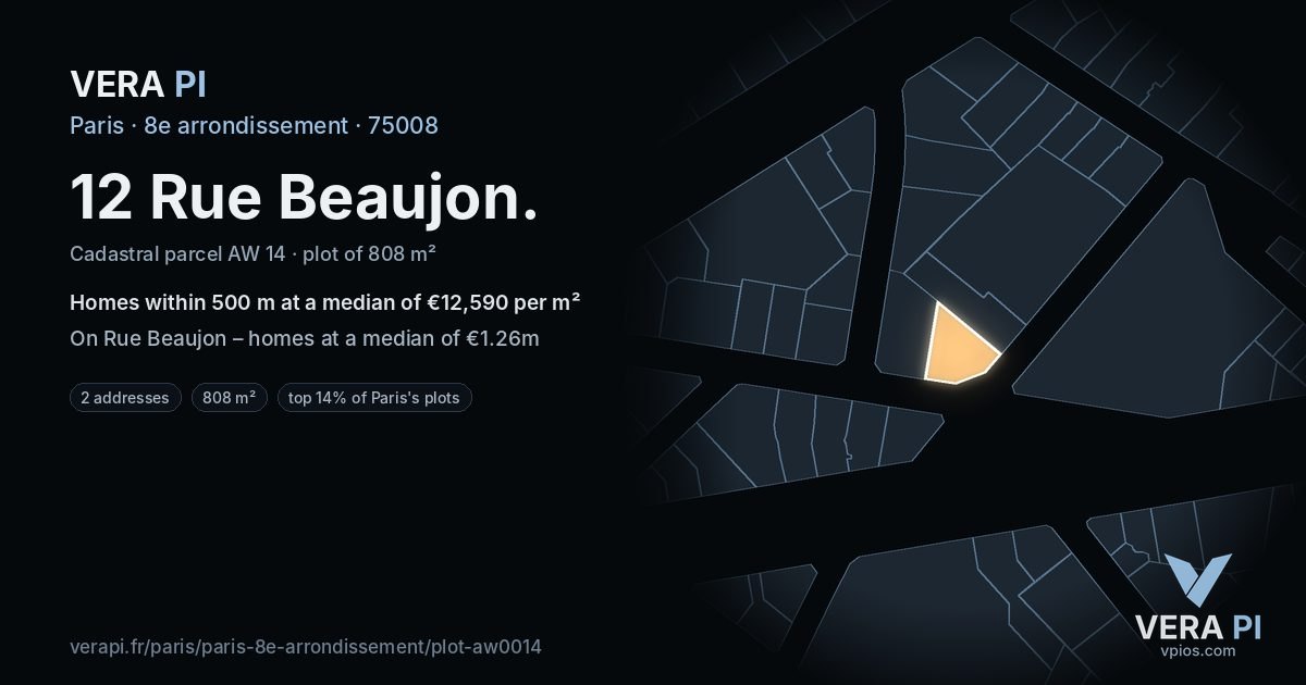 12 Rue Beaujon, 8e arrondissement at night – the plot lit, the parcels around coloured by the prices near them