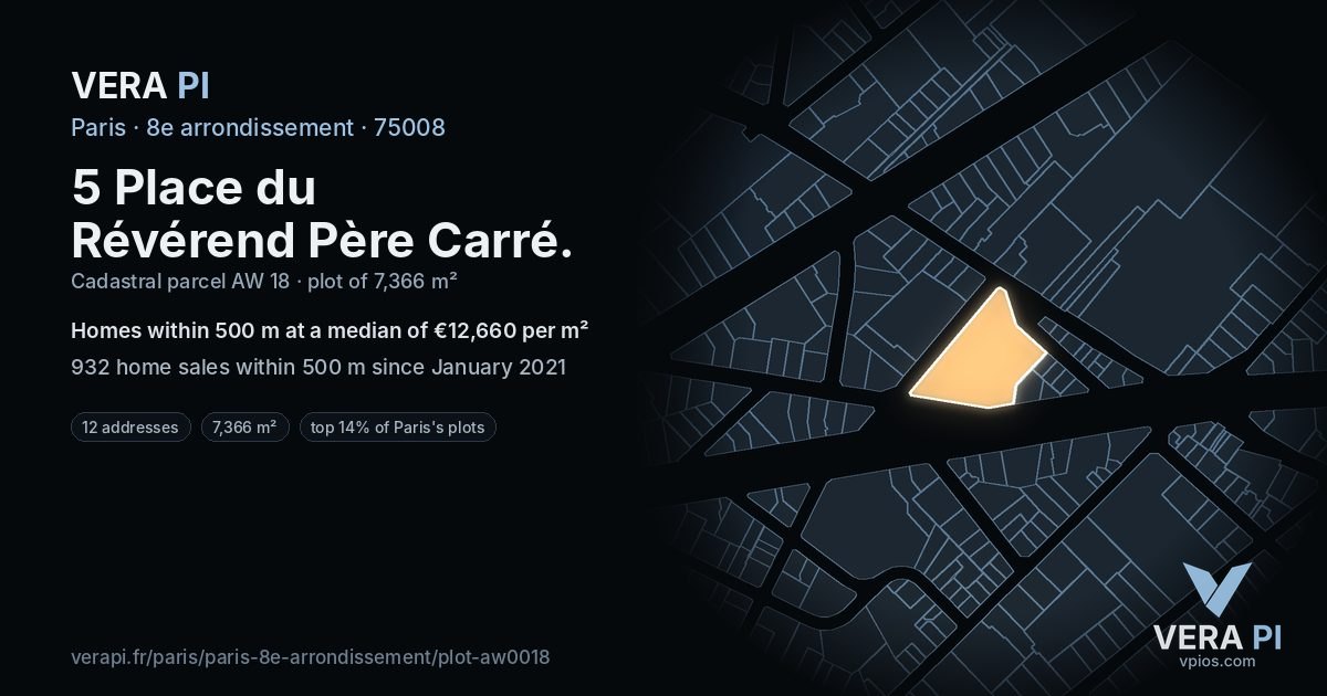5 Place du Révérend Père Carré, 8e arrondissement at night – the plot lit, the parcels around coloured by the prices near them