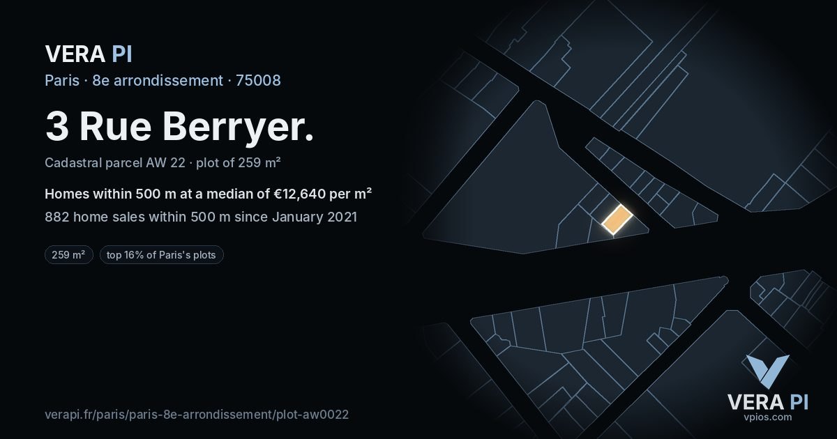 3 Rue Berryer, 8e arrondissement at night – the plot lit, the parcels around coloured by the prices near them