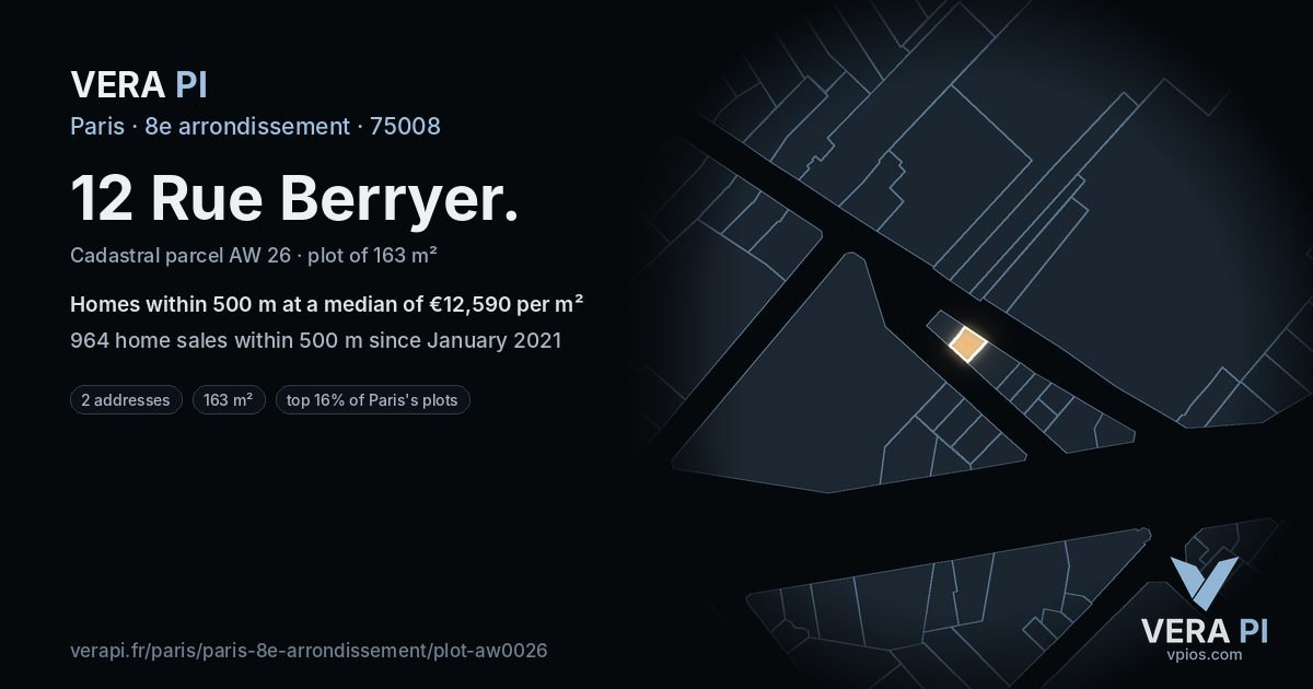 12 Rue Berryer, 8e arrondissement at night – the plot lit, the parcels around coloured by the prices near them
