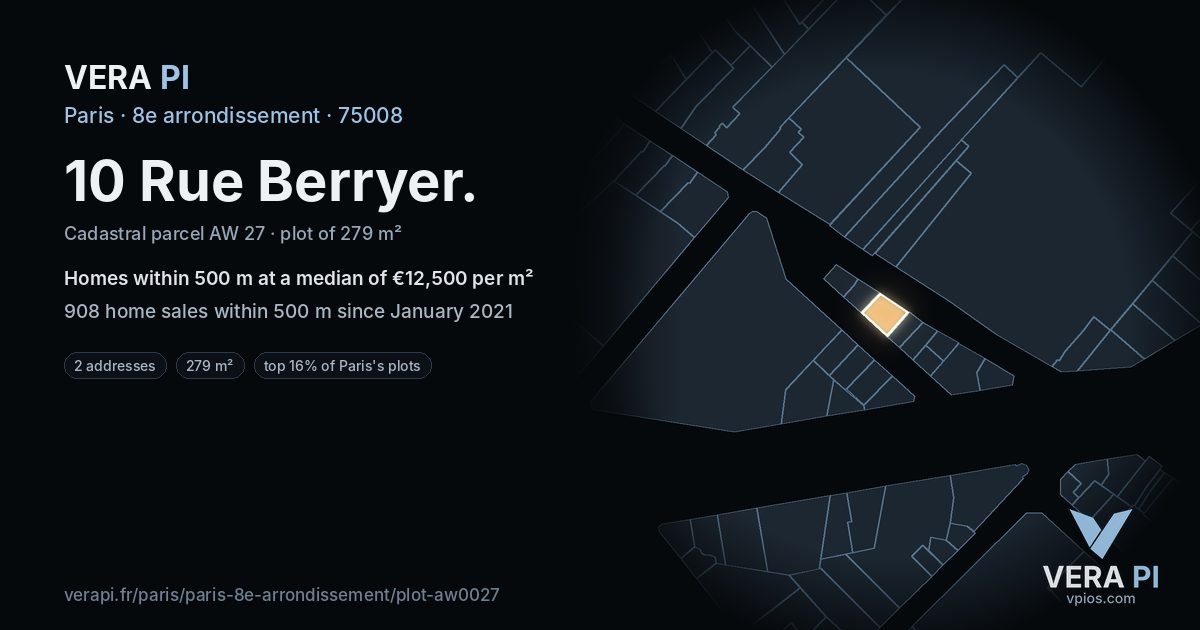 10 Rue Berryer, 8e arrondissement at night – the plot lit, the parcels around coloured by the prices near them