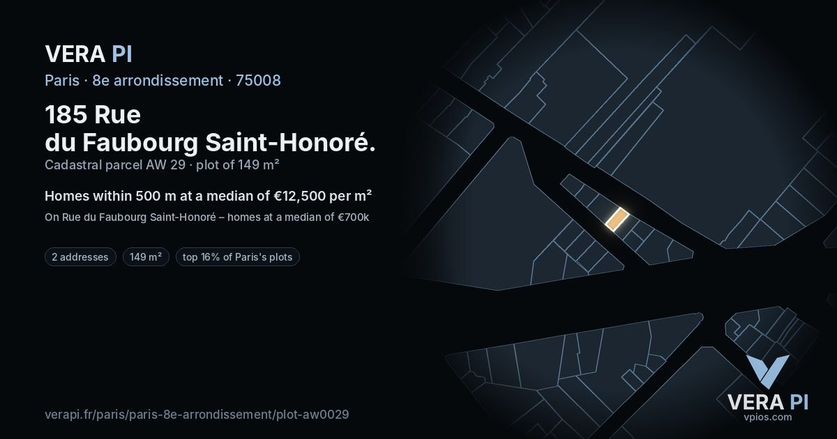 185 Rue du Faubourg Saint-Honoré, 8e arrondissement at night – the plot lit, the parcels around coloured by the prices near them