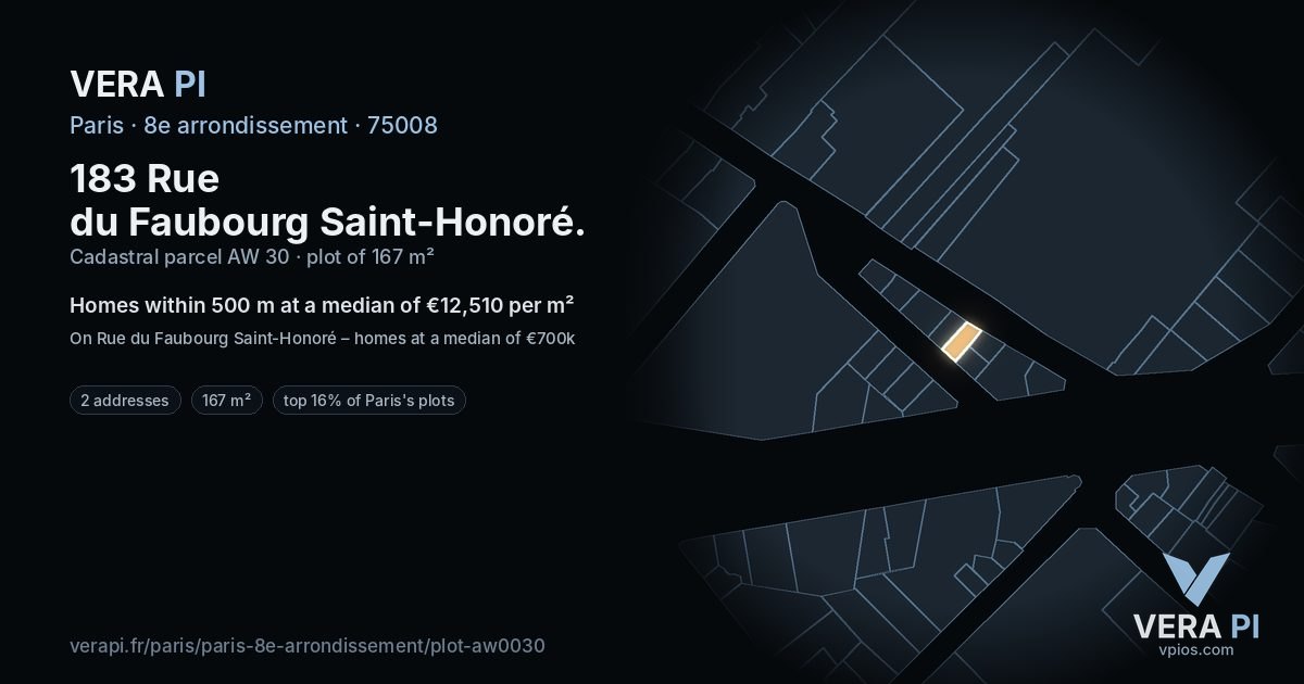 183 Rue du Faubourg Saint-Honoré, 8e arrondissement at night – the plot lit, the parcels around coloured by the prices near them