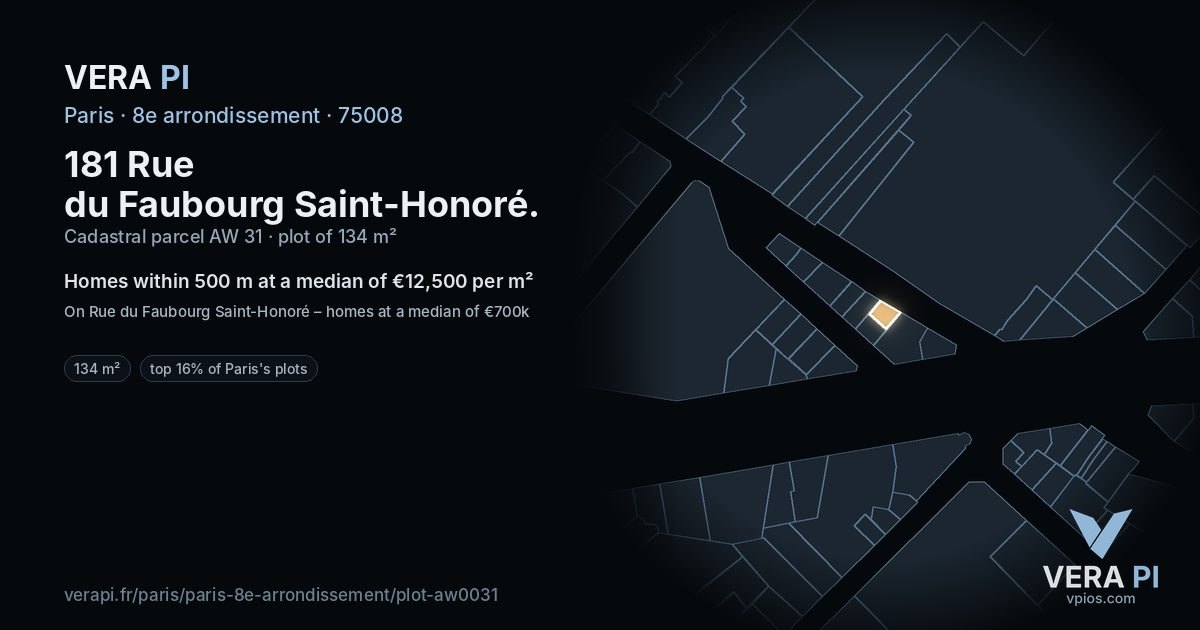 181 Rue du Faubourg Saint-Honoré, 8e arrondissement at night – the plot lit, the parcels around coloured by the prices near them