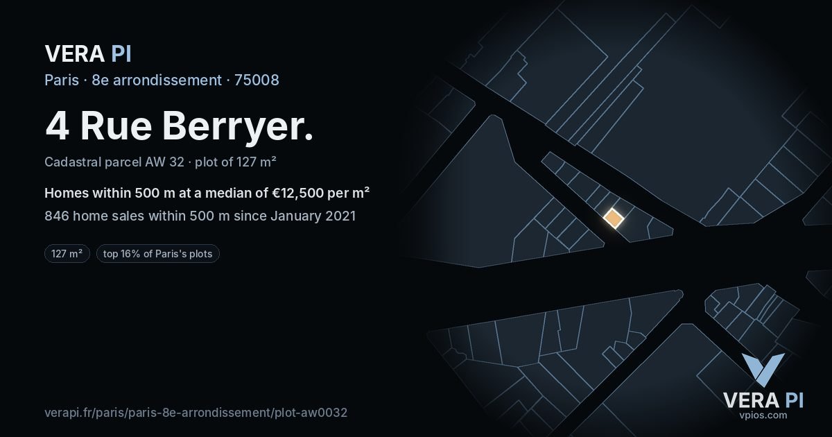 4 Rue Berryer, 8e arrondissement at night – the plot lit, the parcels around coloured by the prices near them