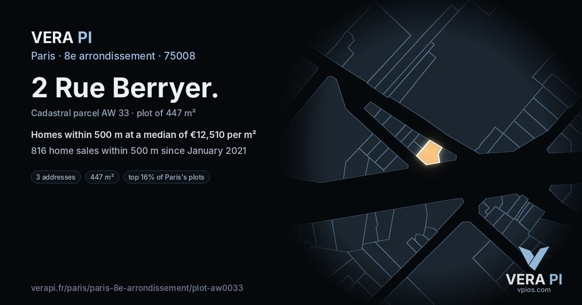 2 Rue Berryer, 8e arrondissement at night – the plot lit, the parcels around coloured by the prices near them
