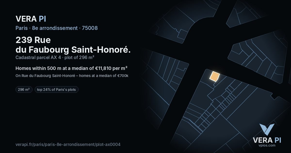 239 Rue du Faubourg Saint-Honoré, 8e arrondissement at night – the plot lit, the parcels around coloured by the prices near them