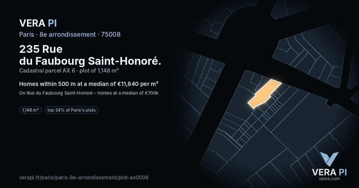235 Rue du Faubourg Saint-Honoré, 8e arrondissement at night – the plot lit, the parcels around coloured by the prices near them