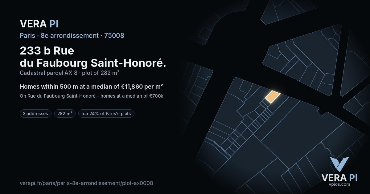 233 b Rue du Faubourg Saint-Honoré, 8e arrondissement at night – the plot lit, the parcels around coloured by the prices near them