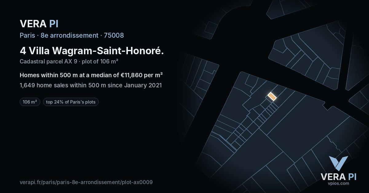 4 Villa Wagram-Saint-Honoré, 8e arrondissement at night – the plot lit, the parcels around coloured by the prices near them
