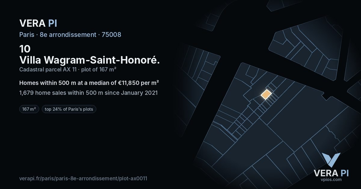 10 Villa Wagram-Saint-Honoré, 8e arrondissement at night – the plot lit, the parcels around coloured by the prices near them