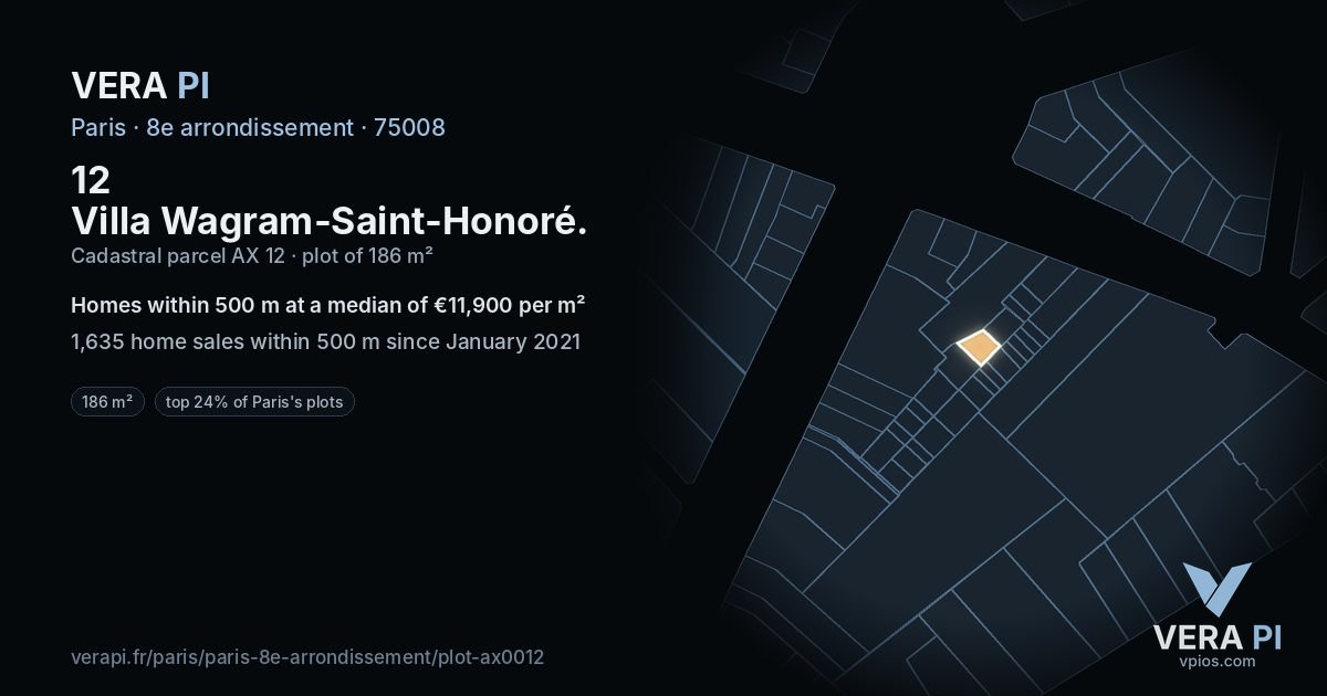 12 Villa Wagram-Saint-Honoré, 8e arrondissement at night – the plot lit, the parcels around coloured by the prices near them