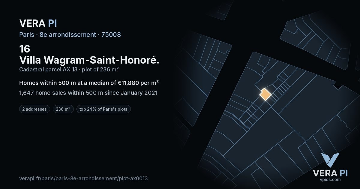 16 Villa Wagram-Saint-Honoré, 8e arrondissement at night – the plot lit, the parcels around coloured by the prices near them