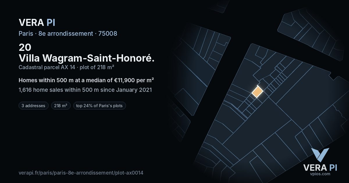 20 Villa Wagram-Saint-Honoré, 8e arrondissement at night – the plot lit, the parcels around coloured by the prices near them