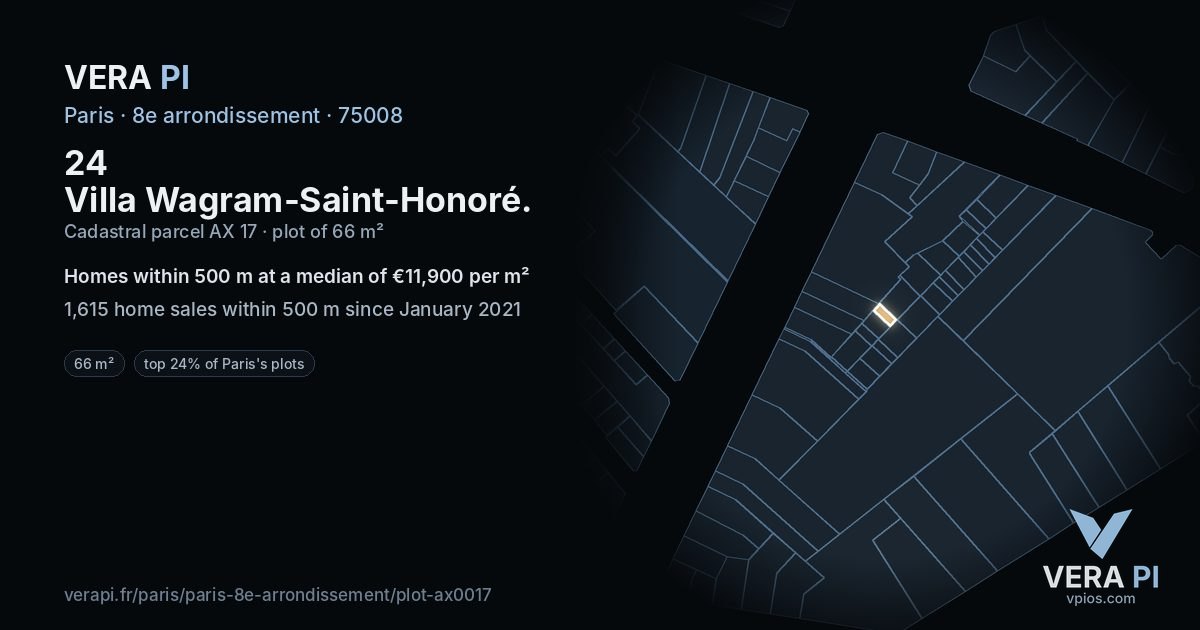 24 Villa Wagram-Saint-Honoré, 8e arrondissement at night – the plot lit, the parcels around coloured by the prices near them