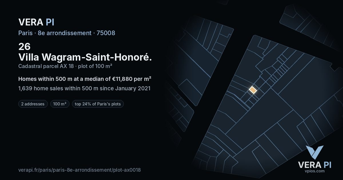 26 Villa Wagram-Saint-Honoré, 8e arrondissement at night – the plot lit, the parcels around coloured by the prices near them
