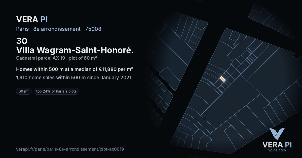 30 Villa Wagram-Saint-Honoré, 8e arrondissement at night – the plot lit, the parcels around coloured by the prices near them