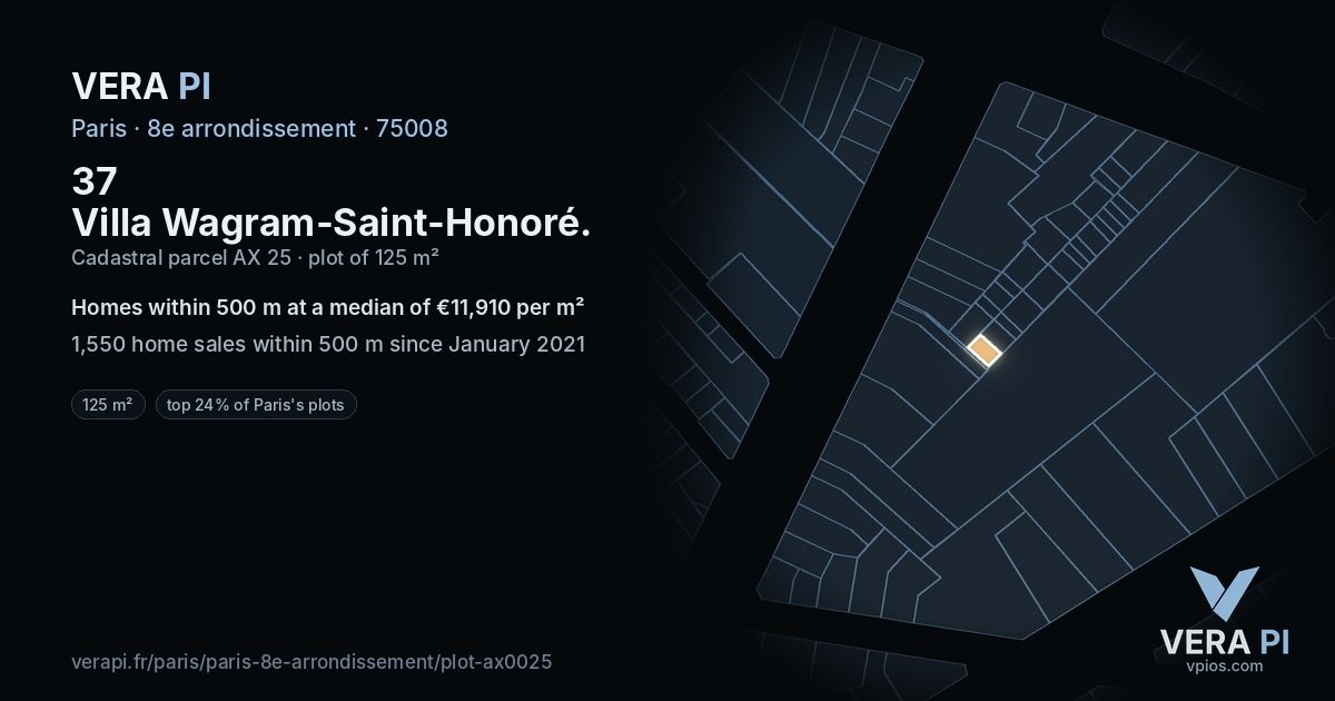 37 Villa Wagram-Saint-Honoré, 8e arrondissement at night – the plot lit, the parcels around coloured by the prices near them