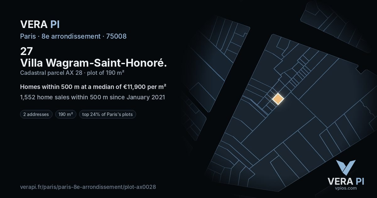 27 Villa Wagram-Saint-Honoré, 8e arrondissement at night – the plot lit, the parcels around coloured by the prices near them