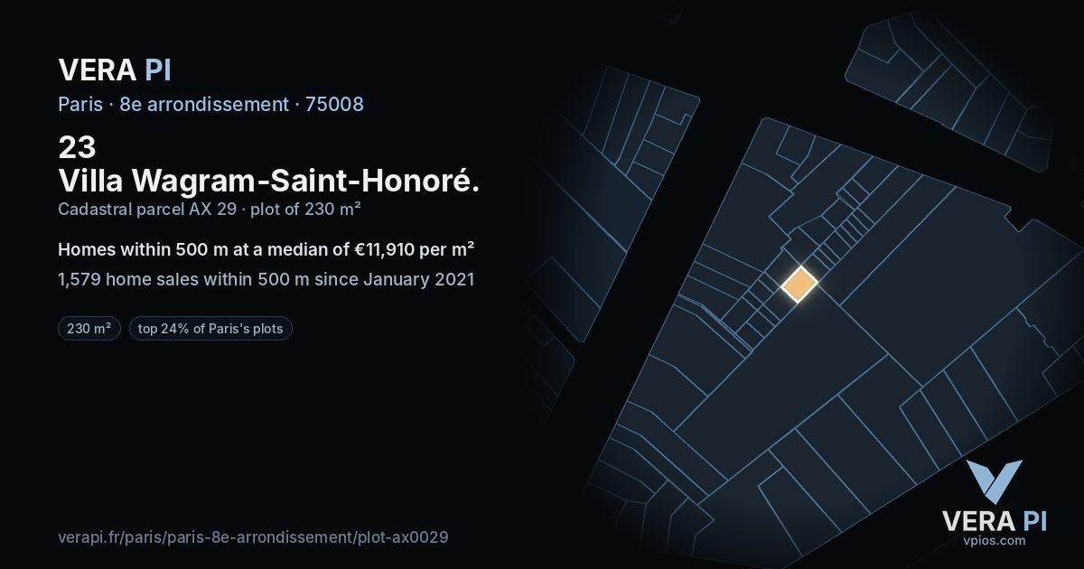 23 Villa Wagram-Saint-Honoré, 8e arrondissement at night – the plot lit, the parcels around coloured by the prices near them