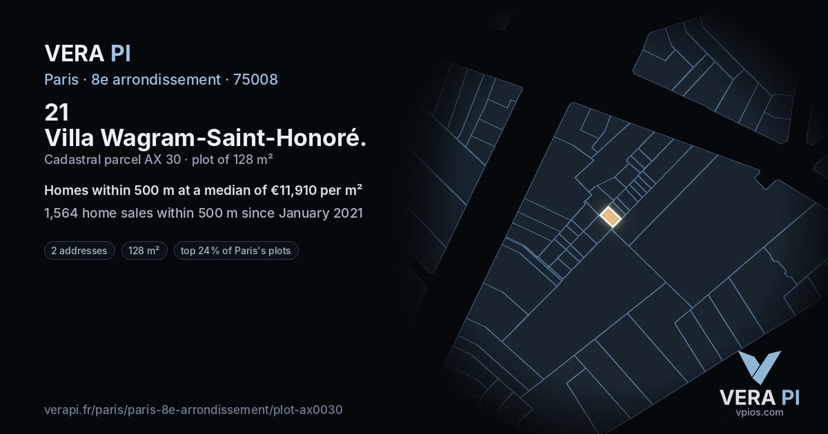 21 Villa Wagram-Saint-Honoré, 8e arrondissement at night – the plot lit, the parcels around coloured by the prices near them
