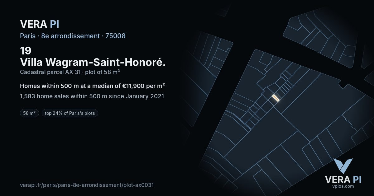 19 Villa Wagram-Saint-Honoré, 8e arrondissement at night – the plot lit, the parcels around coloured by the prices near them