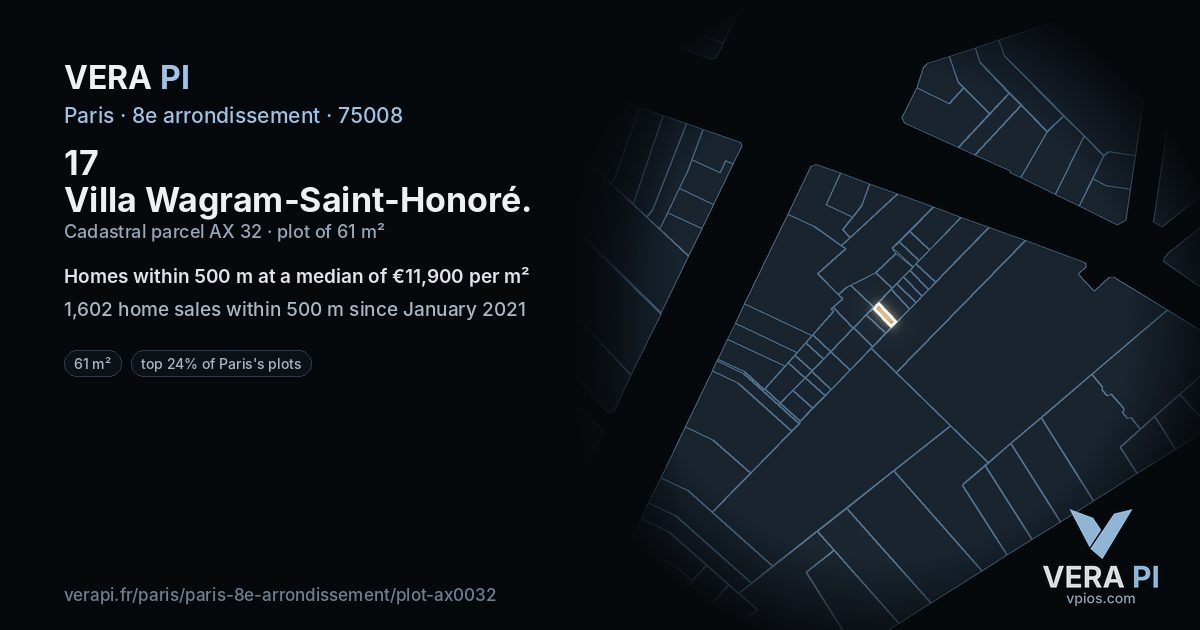 17 Villa Wagram-Saint-Honoré, 8e arrondissement at night – the plot lit, the parcels around coloured by the prices near them