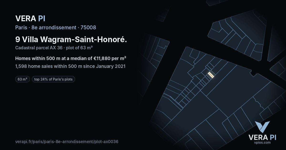 9 Villa Wagram-Saint-Honoré, 8e arrondissement at night – the plot lit, the parcels around coloured by the prices near them
