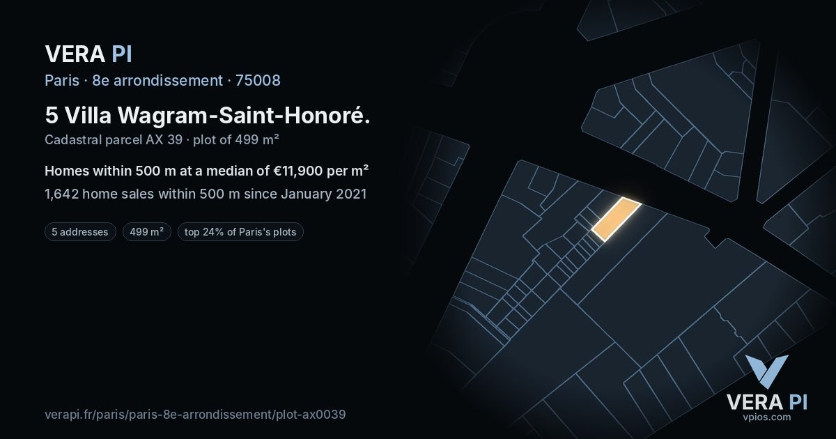 5 Villa Wagram-Saint-Honoré, 8e arrondissement at night – the plot lit, the parcels around coloured by the prices near them