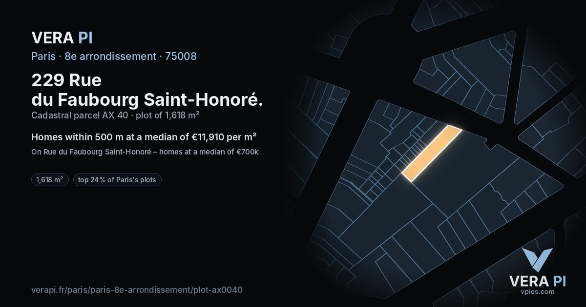 229 Rue du Faubourg Saint-Honoré, 8e arrondissement at night – the plot lit, the parcels around coloured by the prices near them