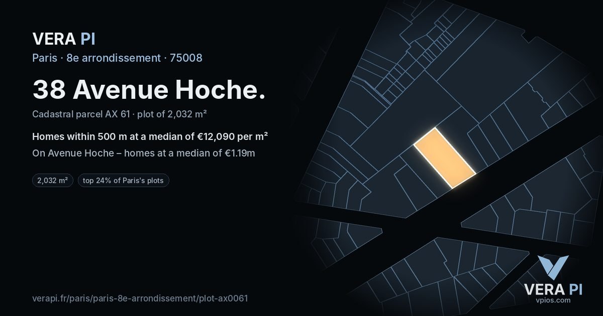 38 Avenue Hoche, 8e arrondissement at night – the plot lit, the parcels around coloured by the prices near them