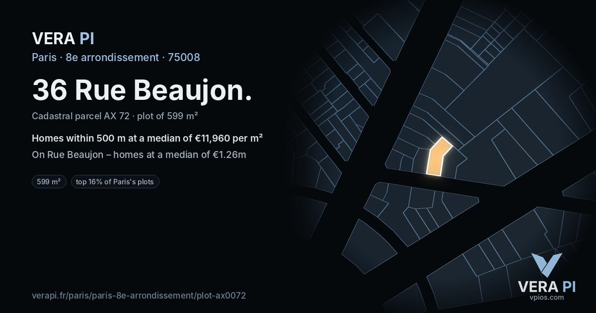 36 Rue Beaujon, 8e arrondissement at night – the plot lit, the parcels around coloured by the prices near them
