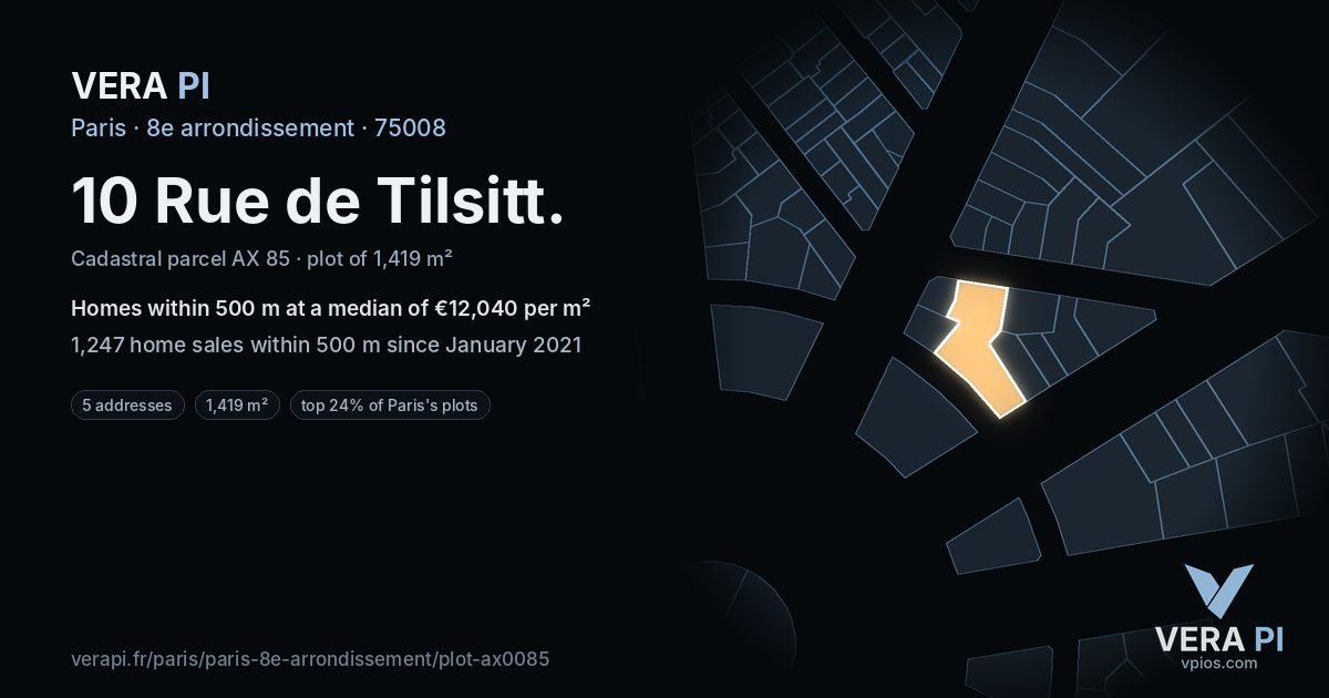 10 Rue de Tilsitt, 8e arrondissement at night – the plot lit, the parcels around coloured by the prices near them