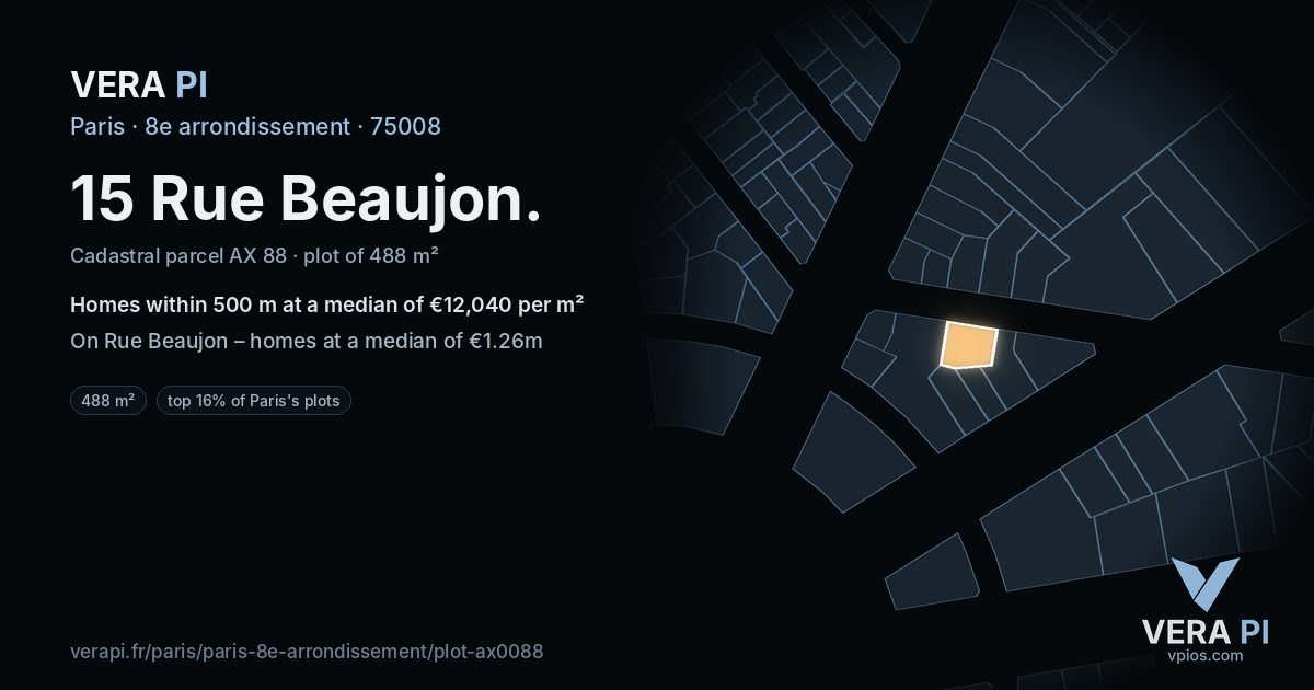 15 Rue Beaujon, 8e arrondissement at night – the plot lit, the parcels around coloured by the prices near them