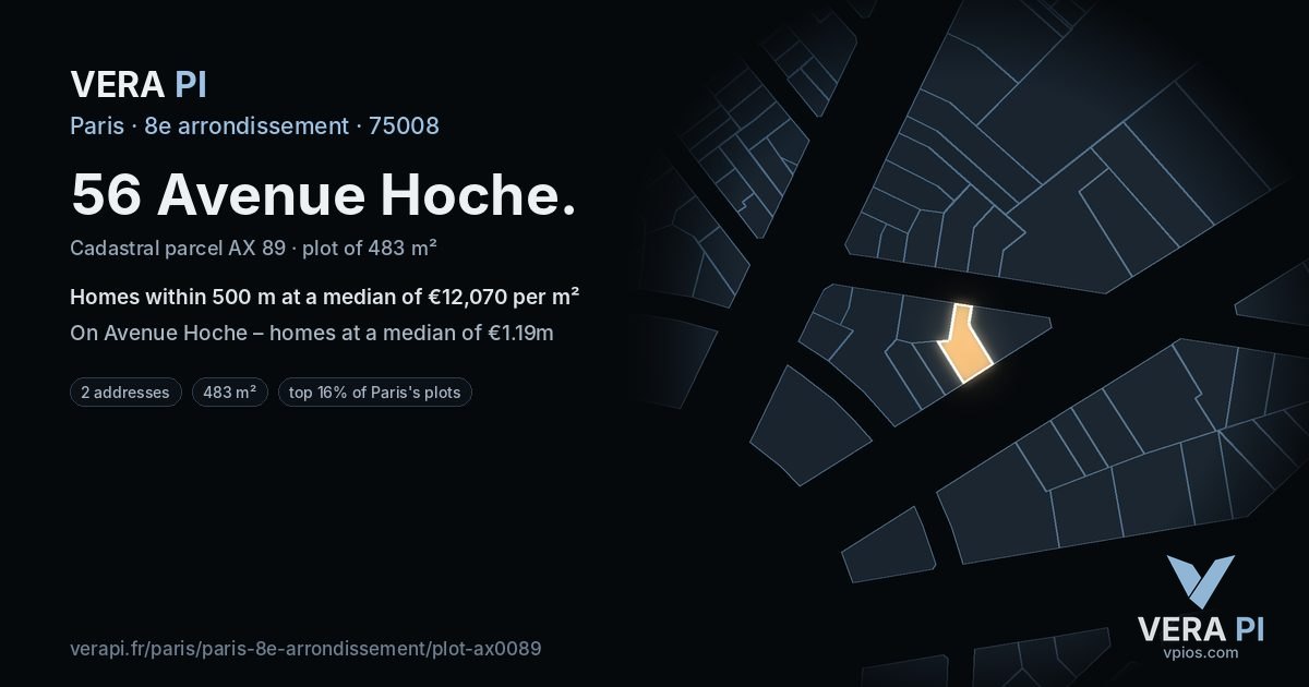 56 Avenue Hoche, 8e arrondissement at night – the plot lit, the parcels around coloured by the prices near them