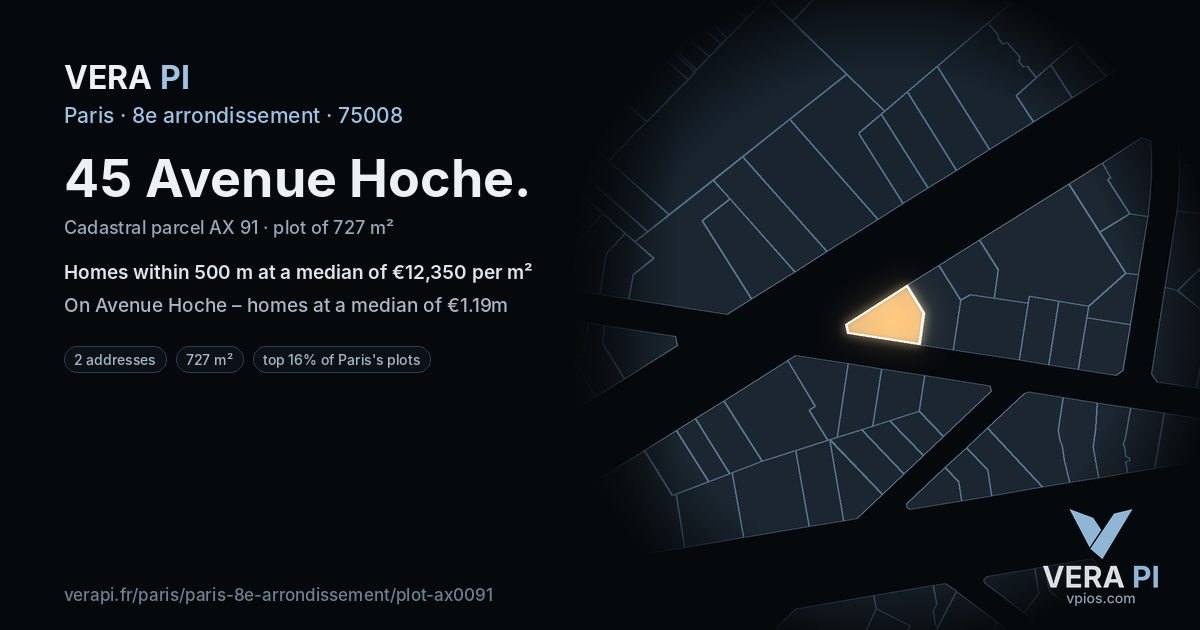 45 Avenue Hoche, 8e arrondissement at night – the plot lit, the parcels around coloured by the prices near them