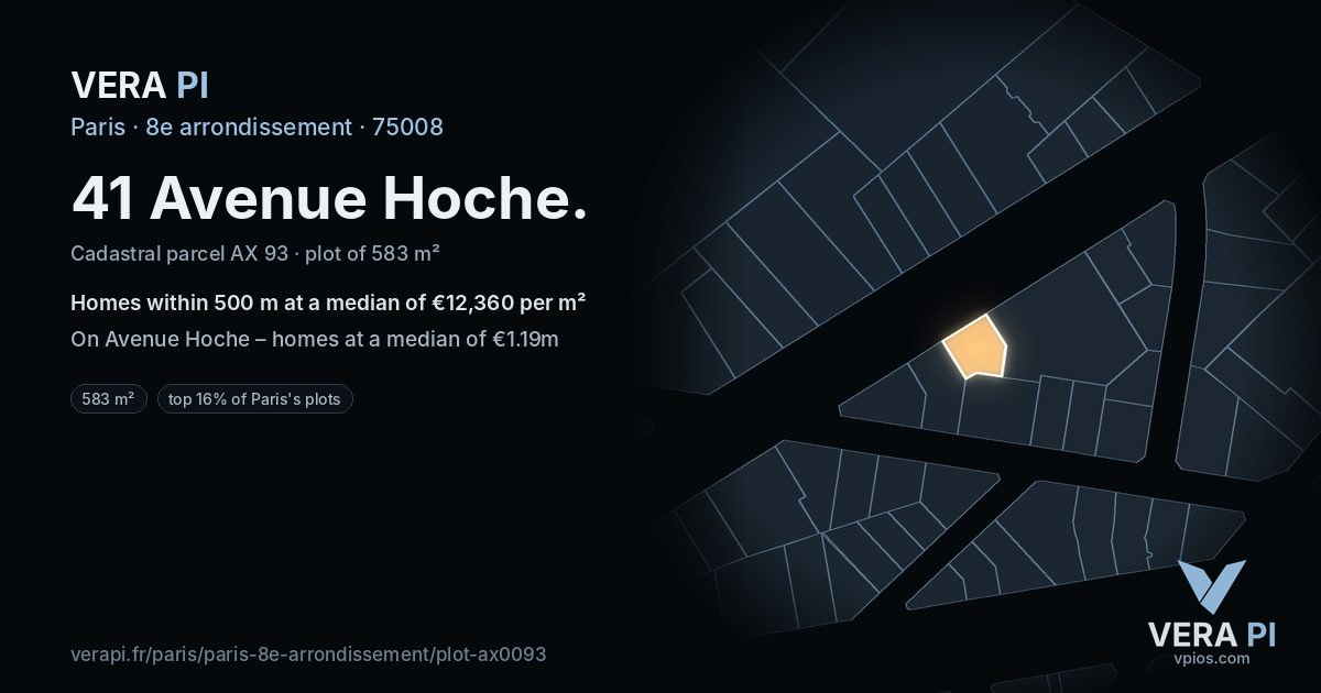 41 Avenue Hoche, 8e arrondissement at night – the plot lit, the parcels around coloured by the prices near them