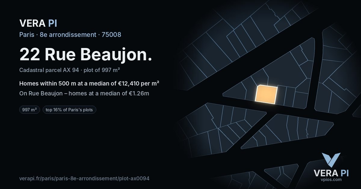 22 Rue Beaujon, 8e arrondissement at night – the plot lit, the parcels around coloured by the prices near them